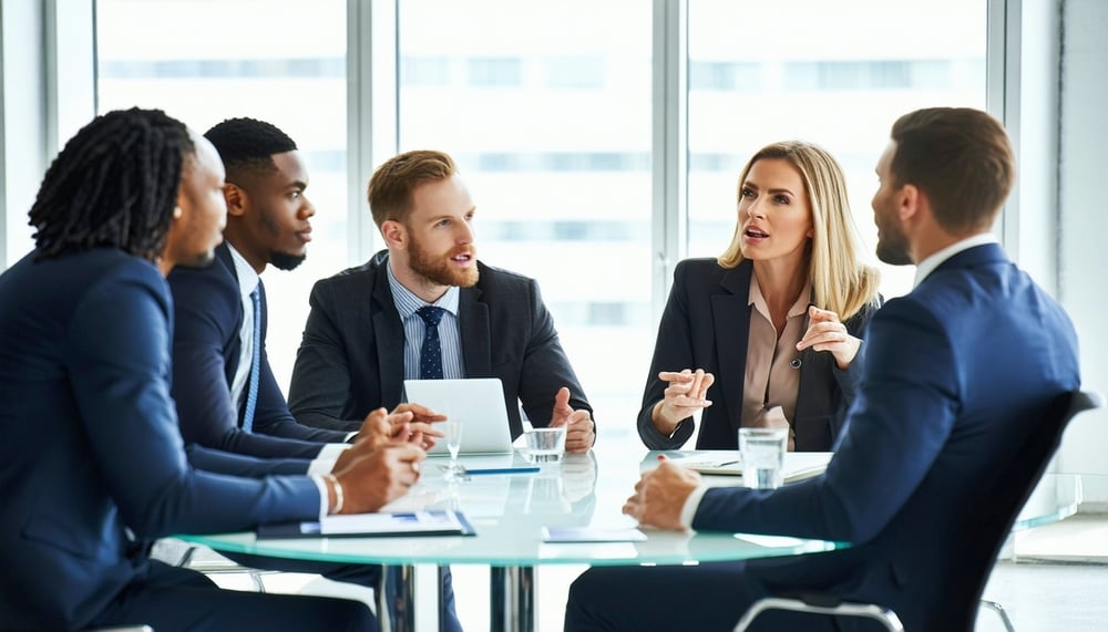 Business professionals discussing strategy and capital advisory solutions